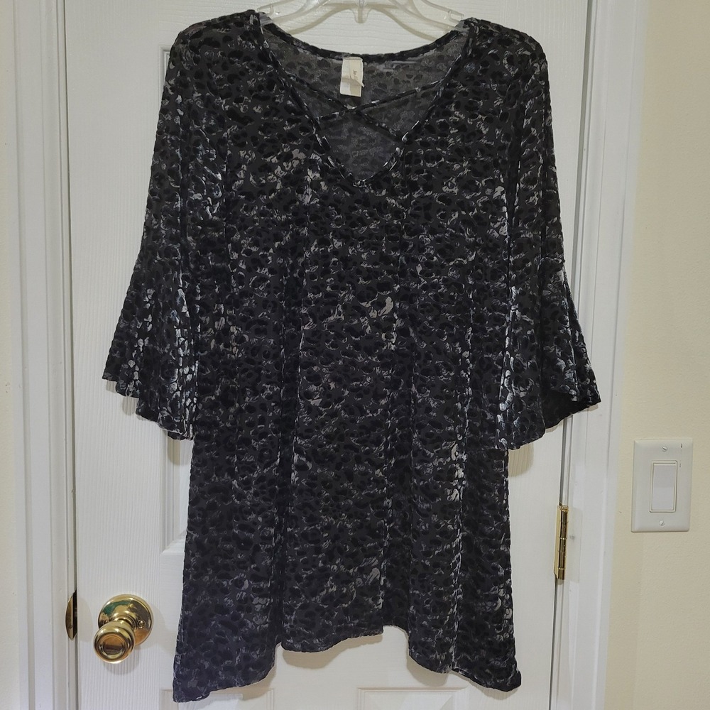 Leopard Burnout Velvet Bell Sleeve Tunic Top Black Large Whimsigoth Dark Fairy